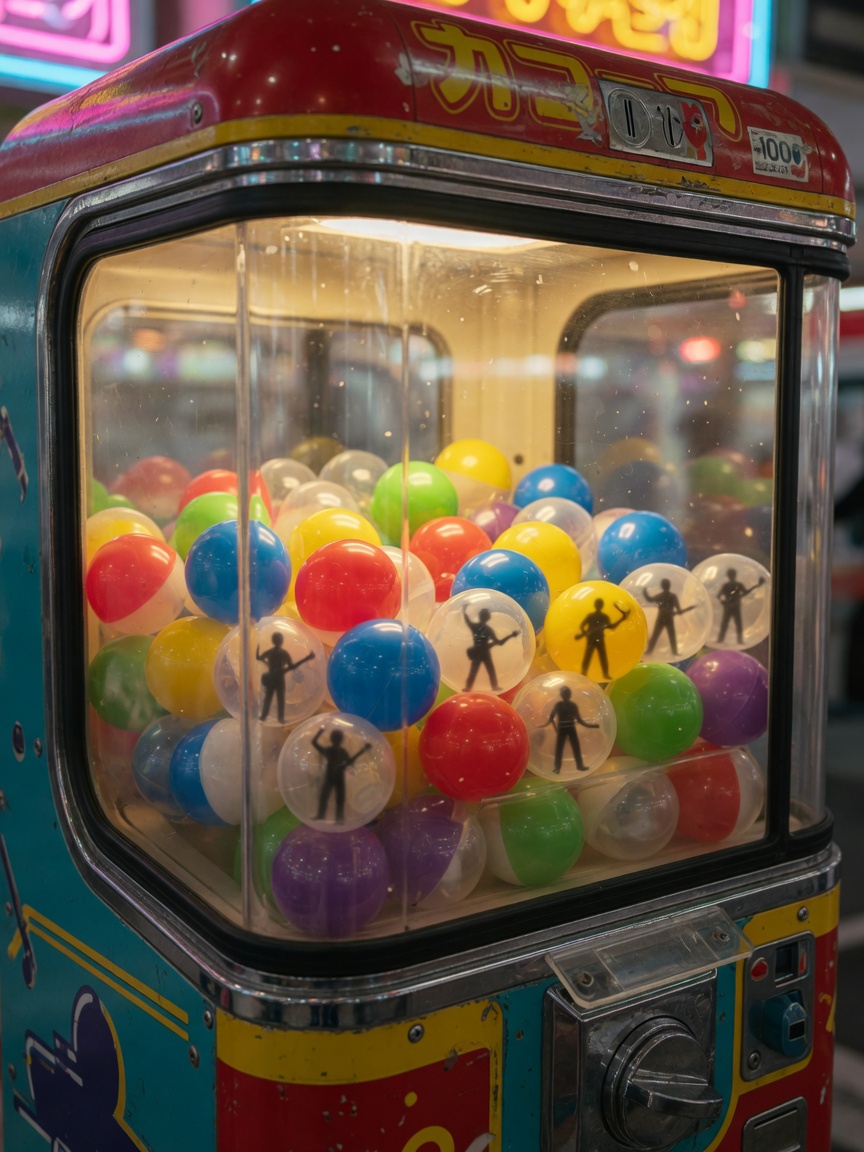 Photo-realistic gachapon machine filled with colorful capsules; faint human silhouettes of band members visible inside some capsules